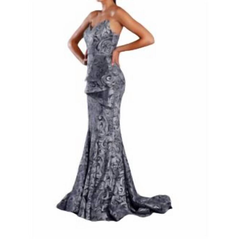 NEW JADORE peplum embroidered gown in charcoal